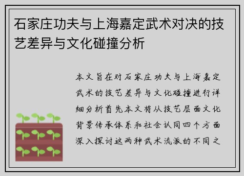 石家庄功夫与上海嘉定武术对决的技艺差异与文化碰撞分析